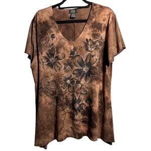 Y2K Brown Tie Dye Floral Paisley Studded Top V Neck T Shirt 1X Grunge Plus‎ Size